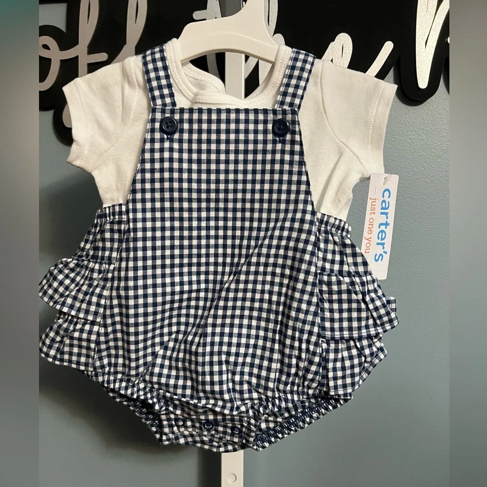 Carter's Just One You Navy Blue and White Gingham Baby Romper 3 months NWT